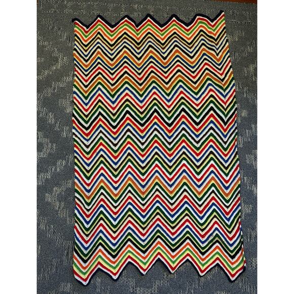 Handmade Other - Vintage Crochet Throw Blanket Rainbow Chevron Boho Cottage Handmade Grandma 60”L